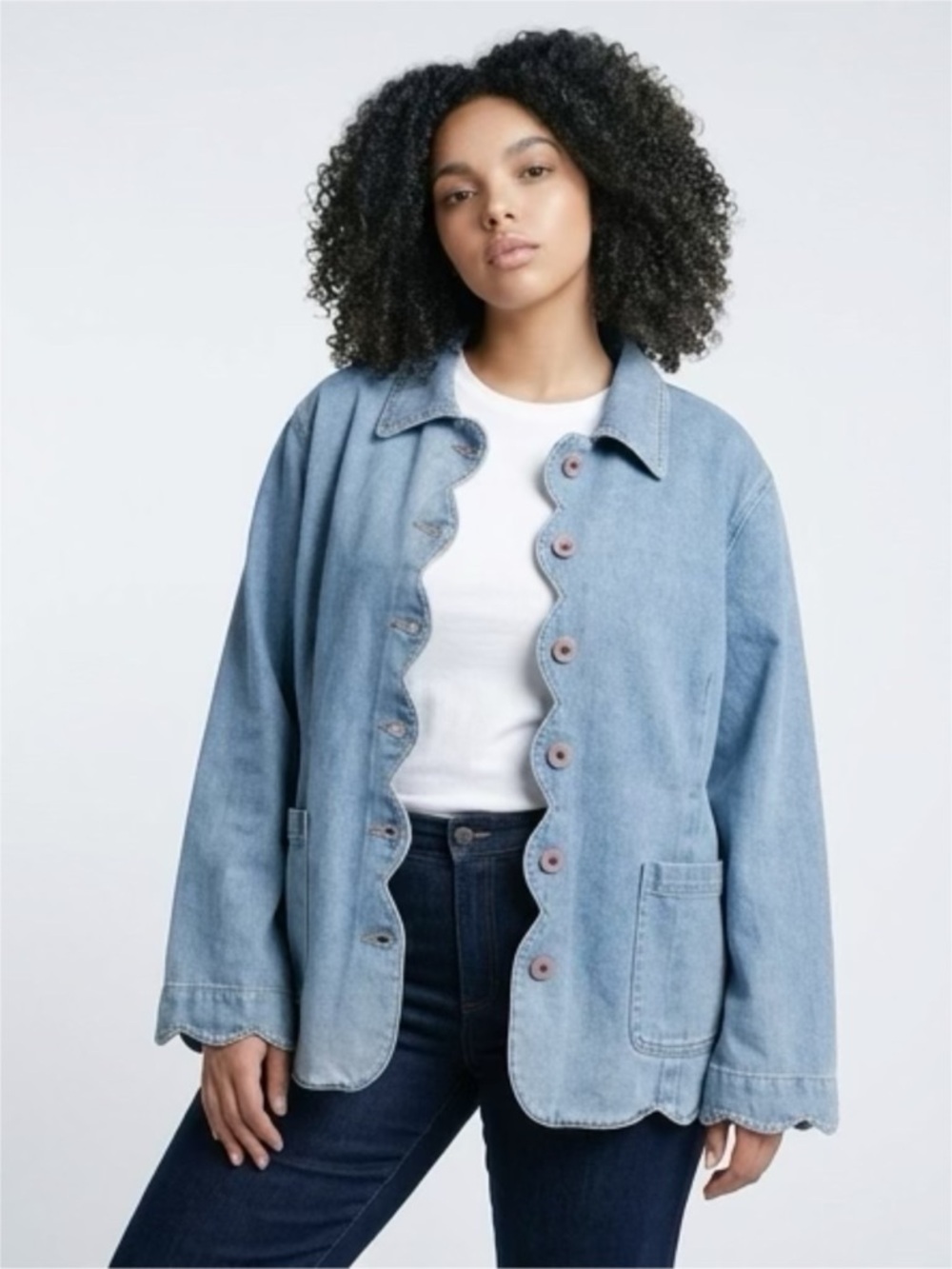 VTG Isabella Bird Denim Jacket Scalloped Hem Button Front Cottagecore Oversized